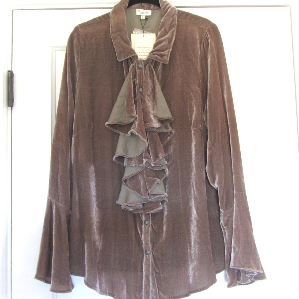 NWT Tasha Polizzi Velvet Blouse, Taupe, Ruffled, Size Large